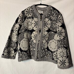 TEJIDOS ARTISANALES GRANADA Sz M Black and White Tapestry Unlined Zipper Blazer
